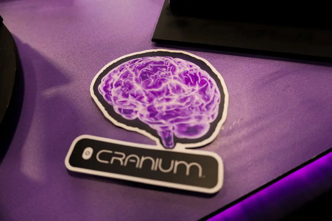 The Cranium brain sticker on the counter