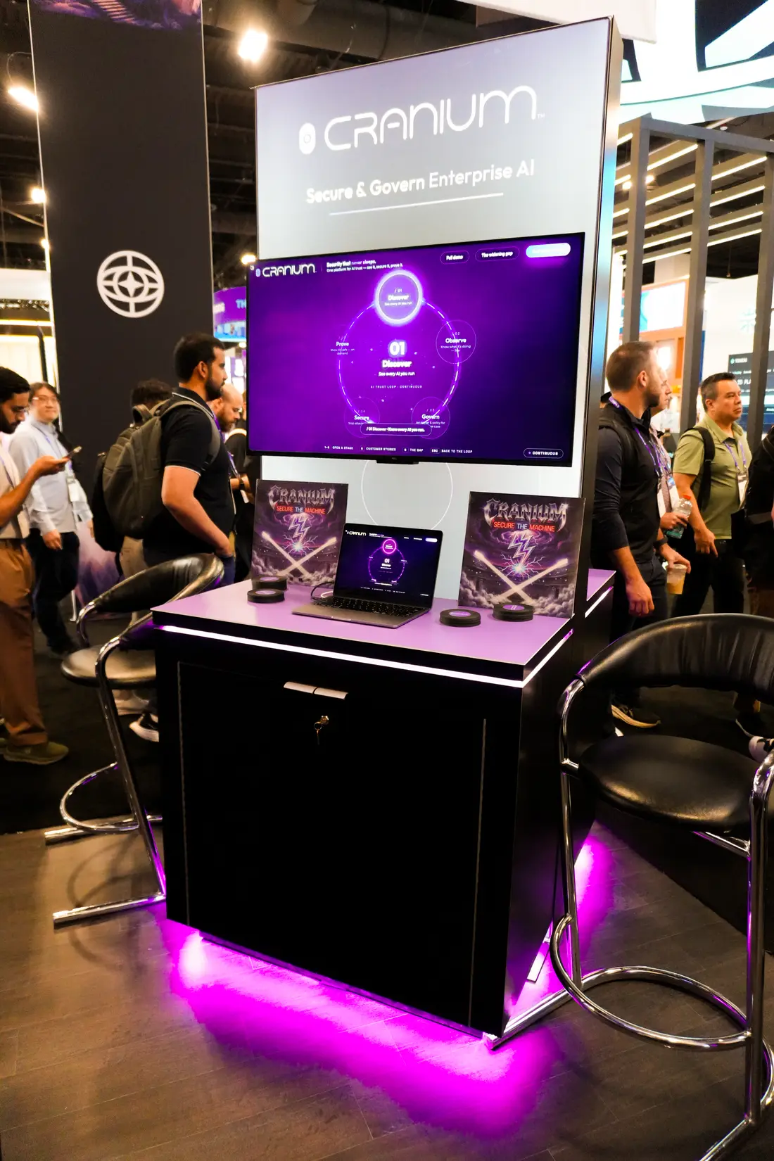Demo stations running along the front of the stage