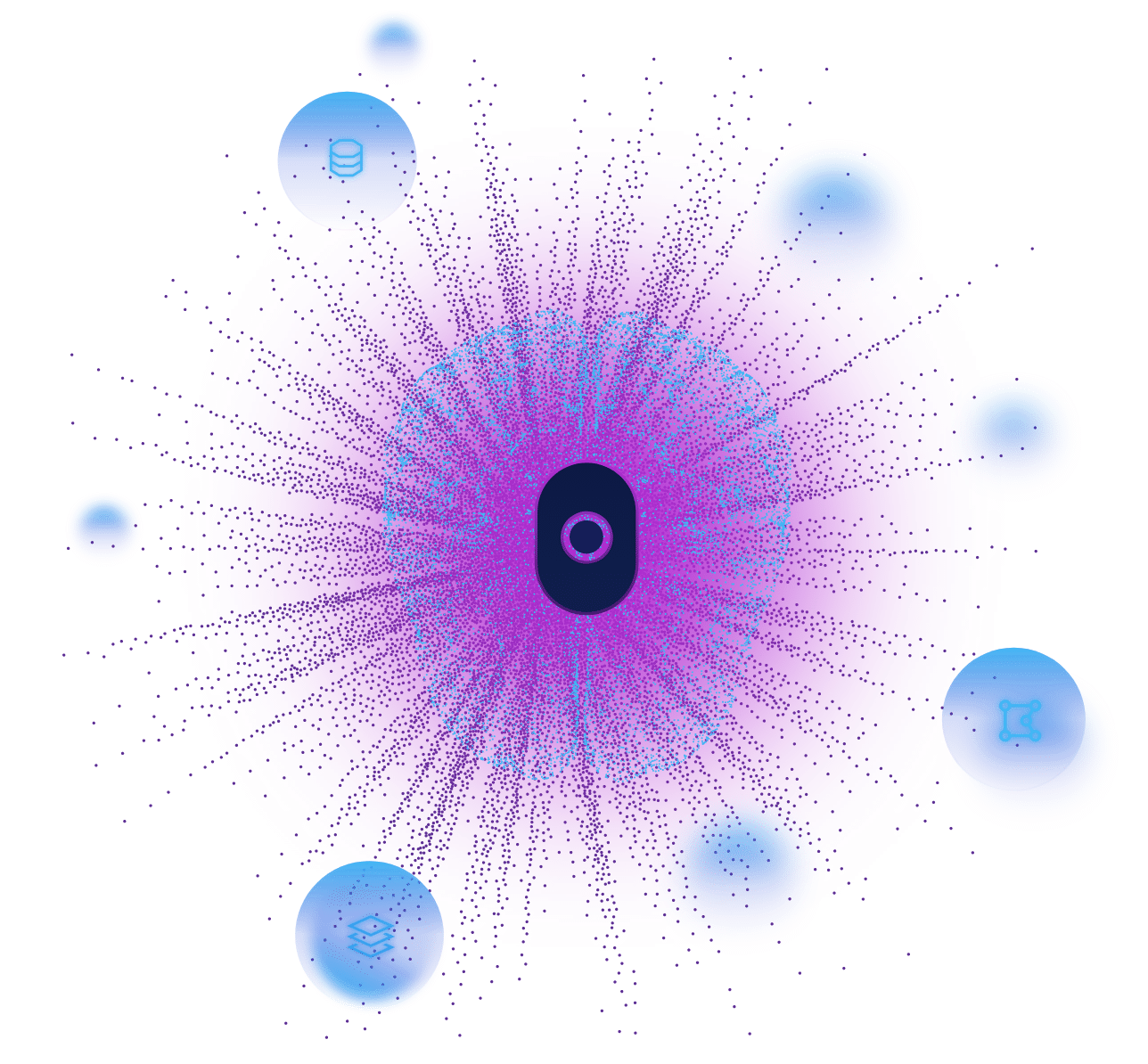 Cranium favacon with purple rays behind it and blue icons around