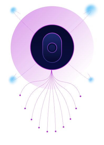 Cranium logo icon surrounded by blue and purple circles, glowing blue dots around it and purple lines coming out of the bottom