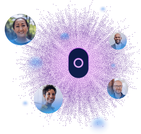 Cranium logo icon with purple speckle texture and photos of people around it