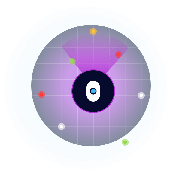cranium logo icon inside an abstract radar with multicolored dots on top of a grid