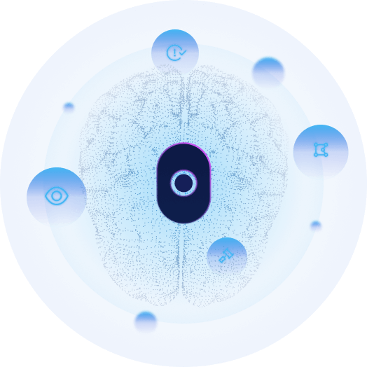 A stylized, top-down illustration of a human brain in blue hues, with circular icons depicting an eye, music note, clock, and other symbols floating around it.