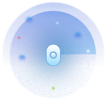 Cranium logo icon surrounded by a blue radar scanner and multicolored dots