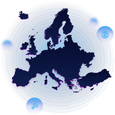 EU country surrounded by blue orbs and icons