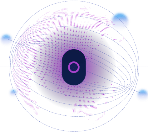 Cranium logo icon with purple dotted digital texture and blue floating orbs