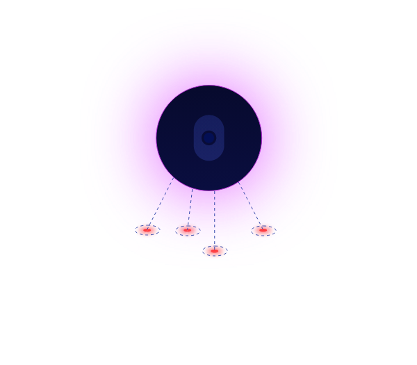 dark blue cranium icon in a black circle with pink glow and dotted lines connecting to red nodes