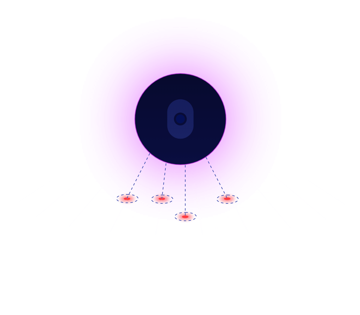 dark blue cranium icon in a black circle with pink glow and dotted lines connecting to red nodes