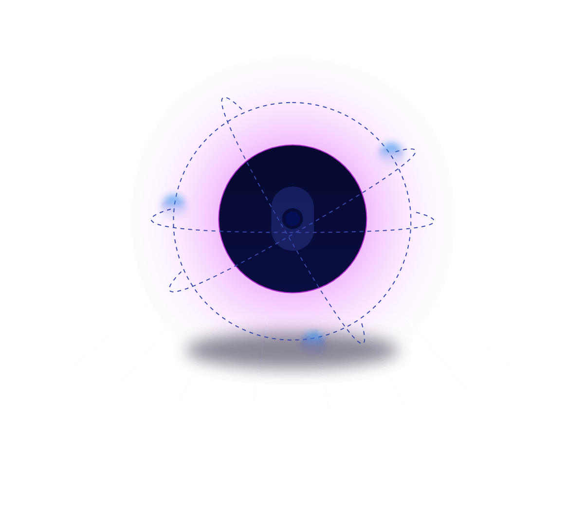 cranium logo icon inside a blue and purple floating circle with dotted lines around it