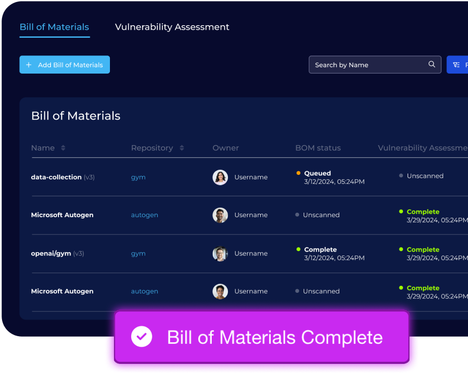 Cranium bill of materials dashboard screen