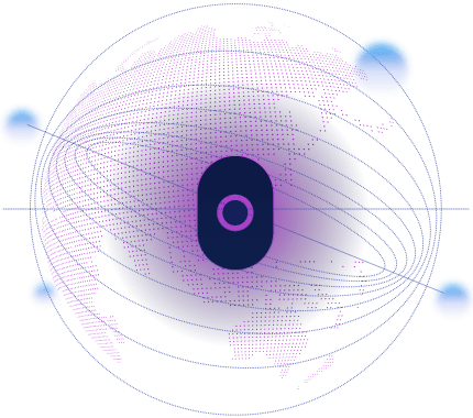 Cranium logo icon with purple dotted digital texture and blue floating orbs