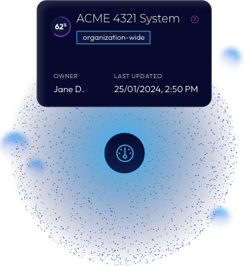 Gradient circle with dots and gauge icon centered with "ACME 4321 Systems" text box at top