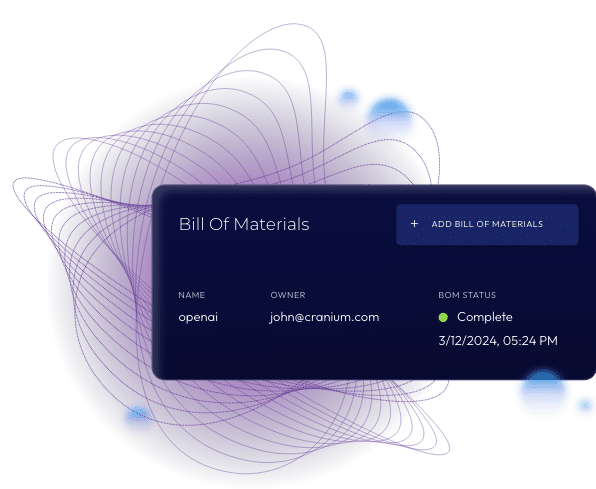 dashboard displaying Bill of Materials name, owner, and BOM status