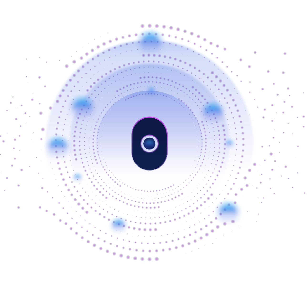 Cranium icon centered in digital spiral with gradient orbs.