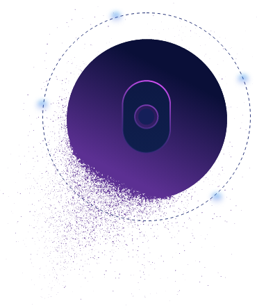 Craniums logo icon on top of a purple circle with a dotted line and blue orbs around it