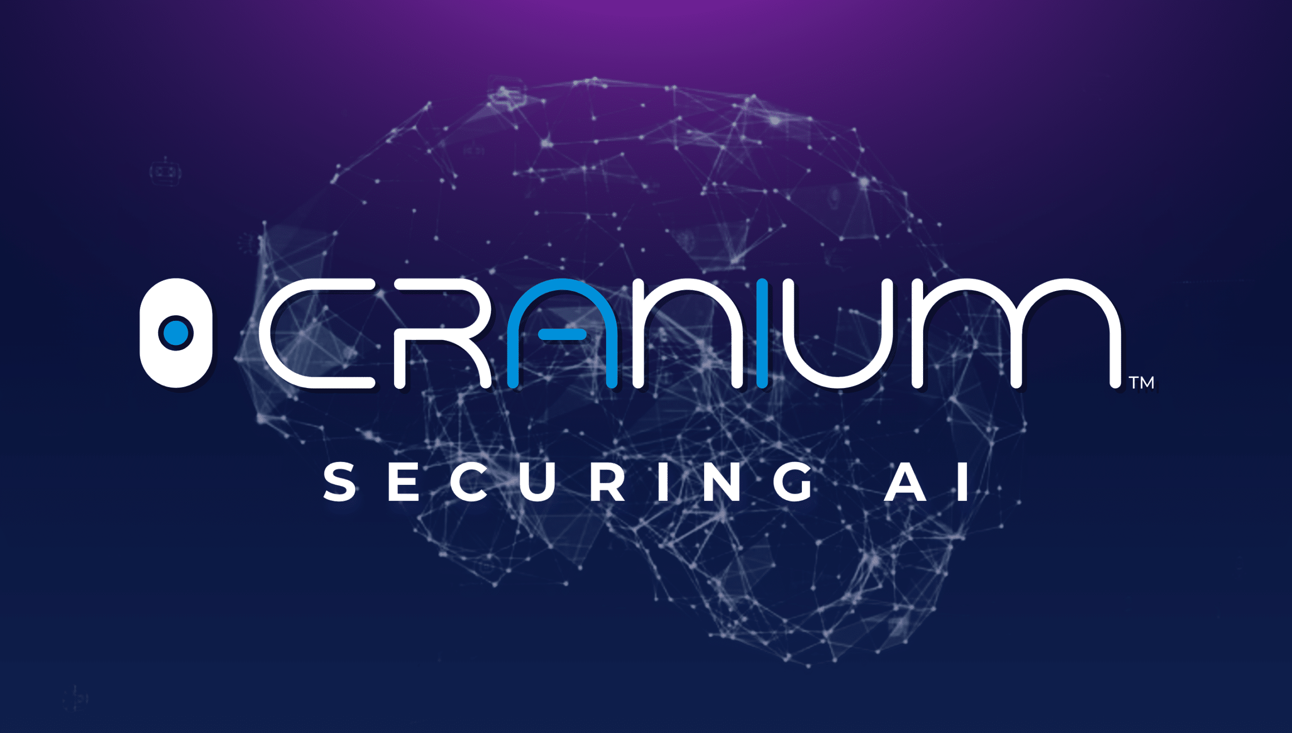 Cranium icon with blue "AI" in Cranium logo. Securing AI text with constellation brain in background